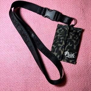 Victorias Secret PINK Lanyard and Camo Wallet Set Black Green ID Holder Pouch